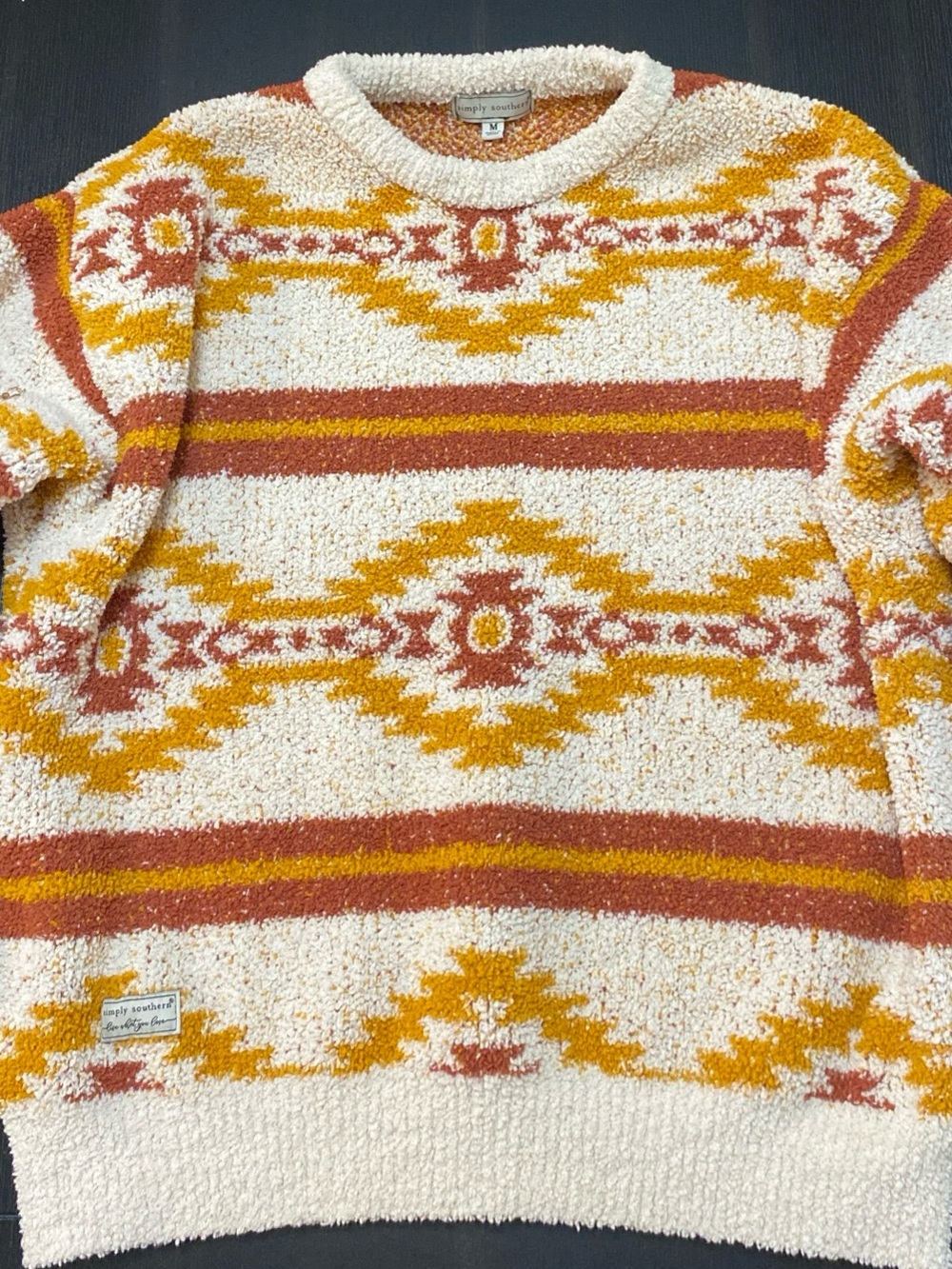 Simply Southern Cream Sweater with Mustard and Rust Geometric Pattern